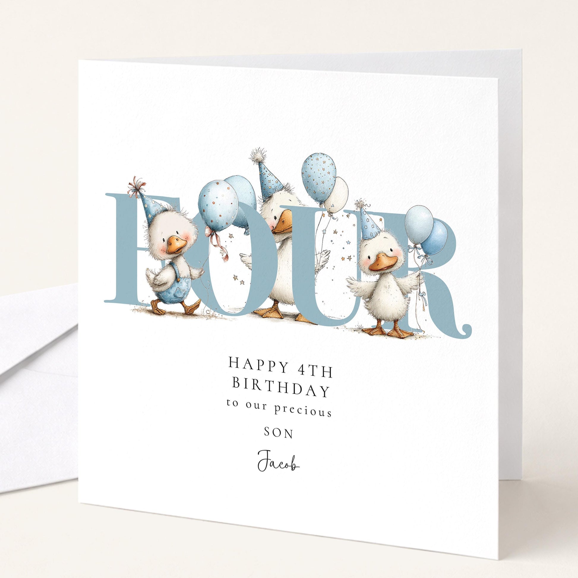 4th Birthday Card - Personalised Duck Design With Balloons for Son