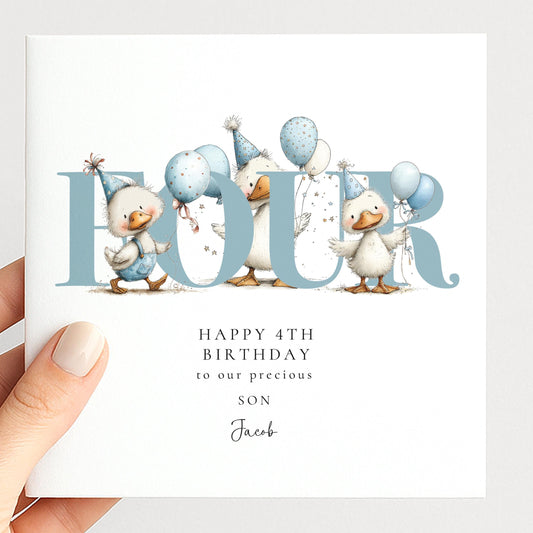 4th Birthday Card - Personalised Duck Design With Balloons for Son