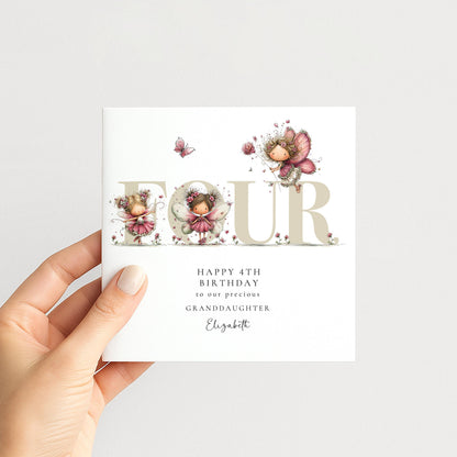 4th Birthday Card - Personalised Fairy Design For Granddaughter Keepsake