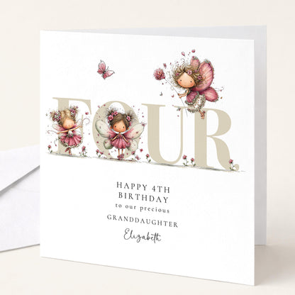 4th Birthday Card - Personalised Fairy Design For Granddaughter Keepsake