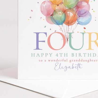 4th Birthday Card - Personalised Granddaughter Keepsake With Balloons