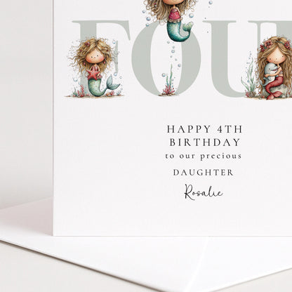 4th Birthday Card - Personalised Mermaid Birthday Keepsake for Daughter