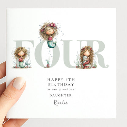 4th Birthday Card - Personalised Mermaid Birthday Keepsake for Daughter