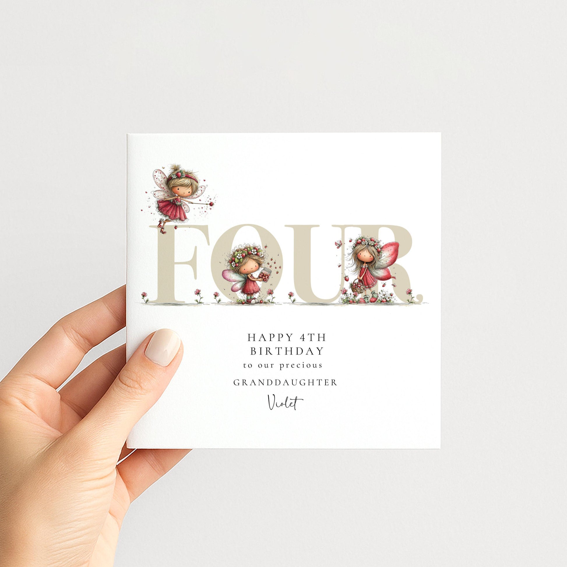 4th Birthday Card – Strawberry Fairy Personalised Keepsake for Granddaughter
