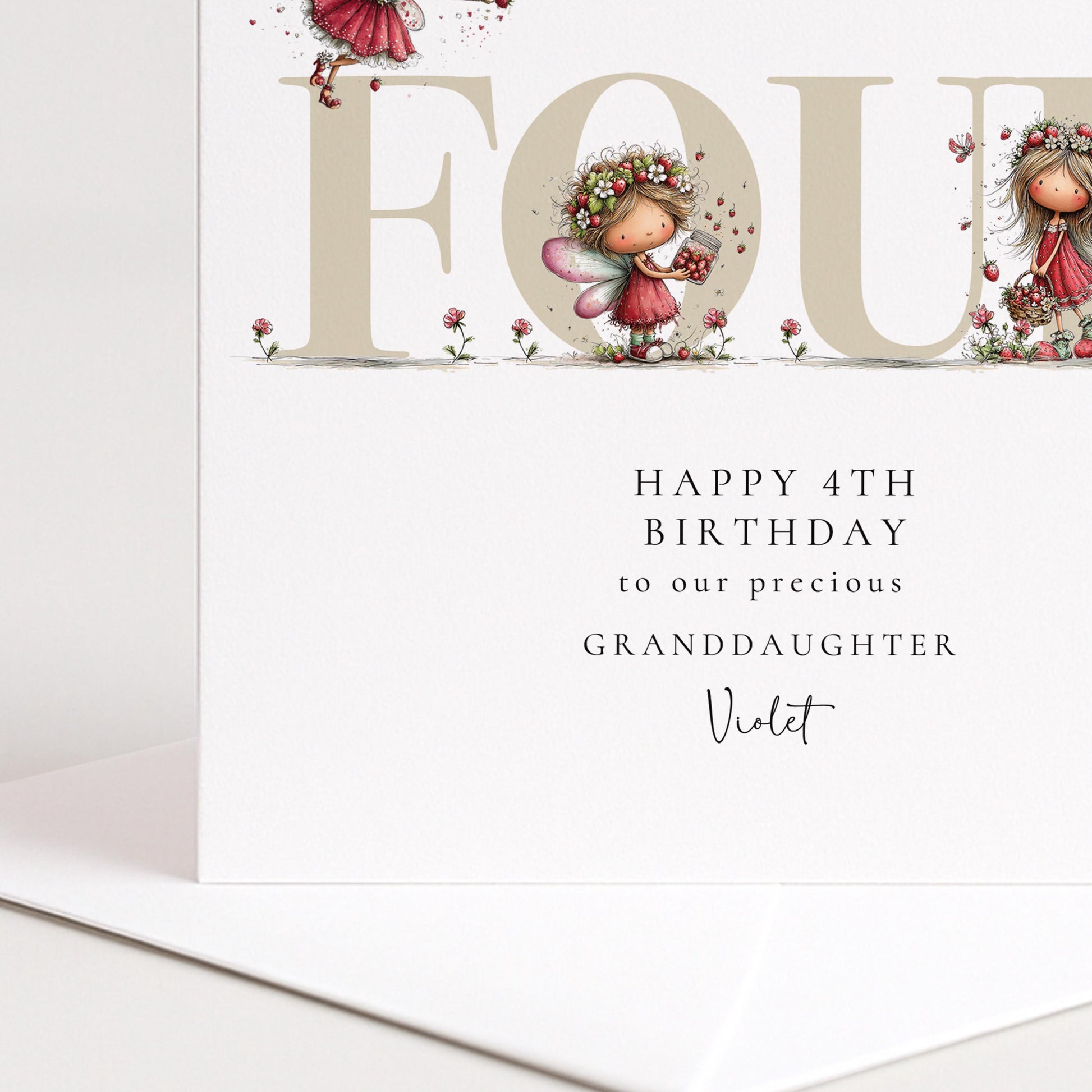 4th Birthday Card – Strawberry Fairy Personalised Keepsake for Granddaughter
