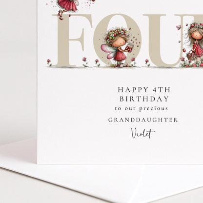 4th Birthday Card – Strawberry Fairy Personalised Keepsake for Granddaughter