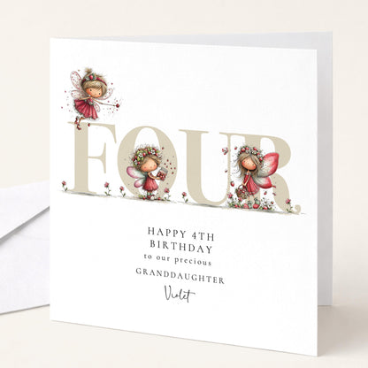 4th Birthday Card – Strawberry Fairy Personalised Keepsake for Granddaughter