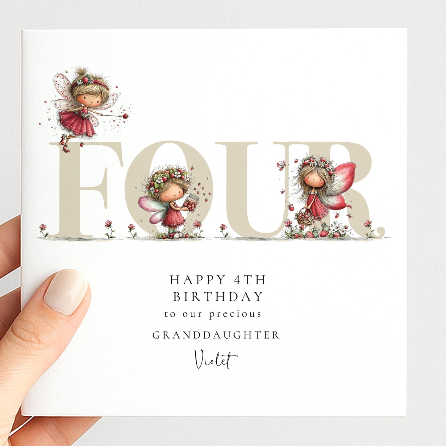 4th Birthday Card – Strawberry Fairy Personalised Keepsake for Granddaughter