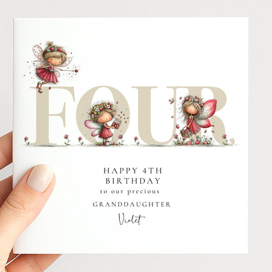 4th Birthday Card – Strawberry Fairy Personalised Keepsake for Granddaughter