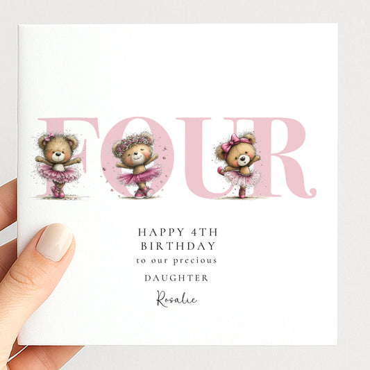 4th Birthday Card for Daughter Pink Ballet Teddy