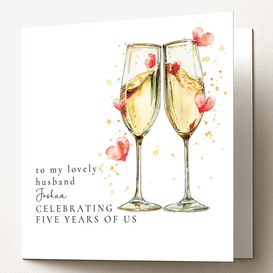 5 Year Anniversary Card - Personalised Husband Greeting With Champagne Toast Design - Whimsi Lilley