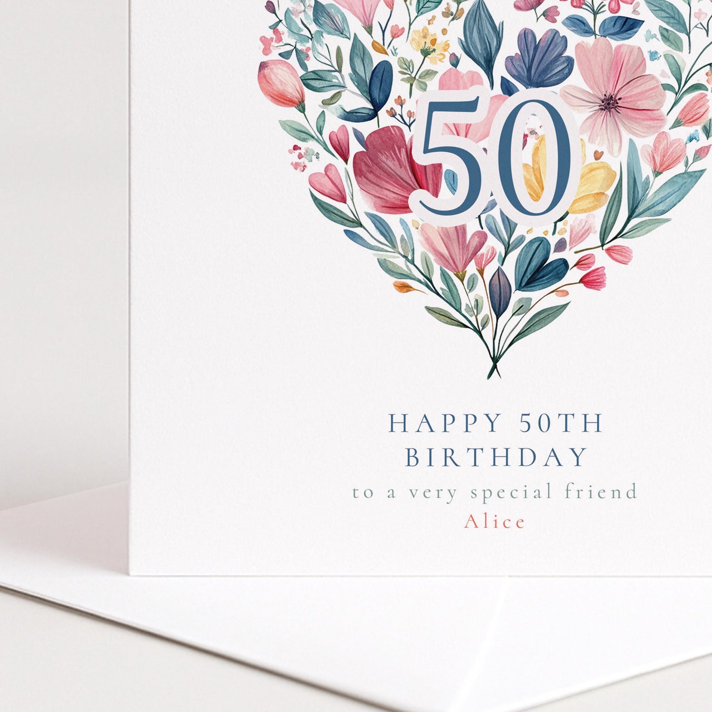 50th Birthday Card - Floral Heart Milestone | Personalised Elegant Premium Card