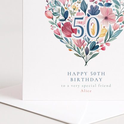 50th Birthday Card - Floral Heart Milestone | Personalised Elegant Premium Card