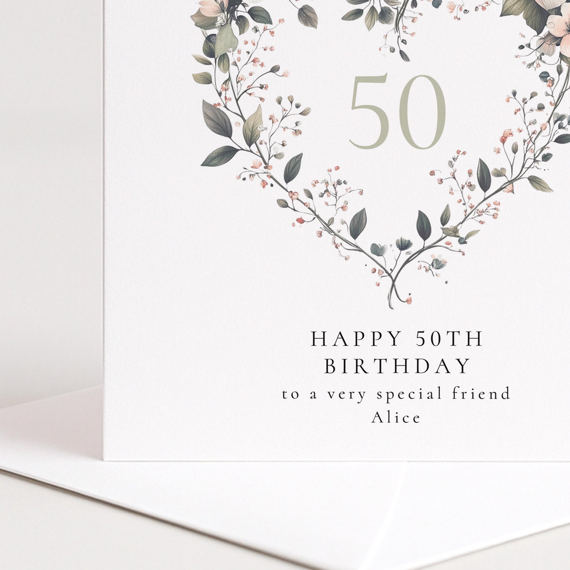 50th Birthday Card – Personalised Floral Heart Design | Elegant Milestone Greeting