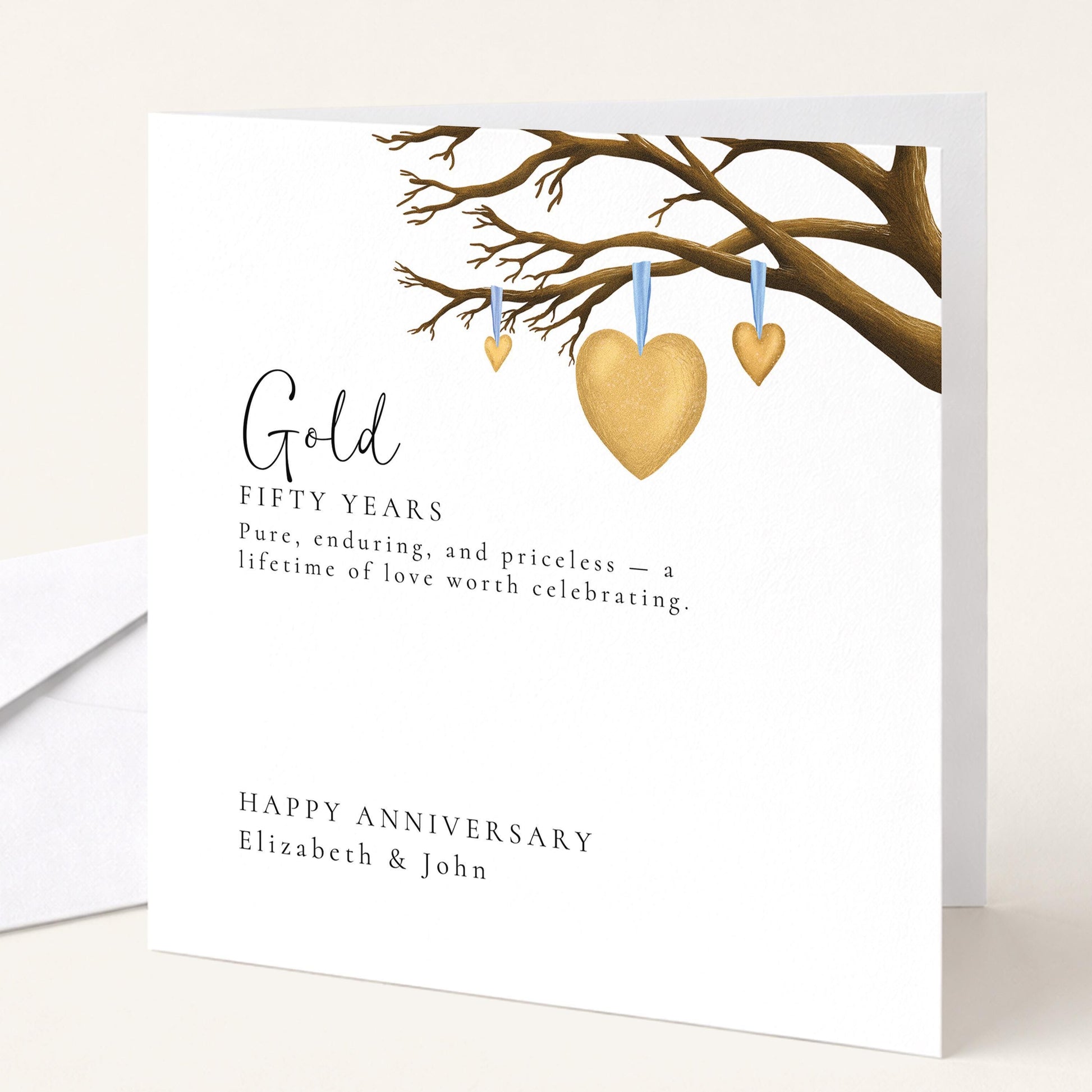 50th Wedding Anniversary Card – Elegant Golden Anniversary Keepsake With Gold Heart Design