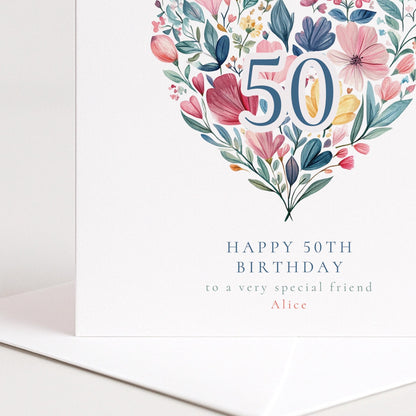 50th Birthday Card - Floral Heart Milestone | Personalised Elegant Premium Card - Whimsi Lilley
