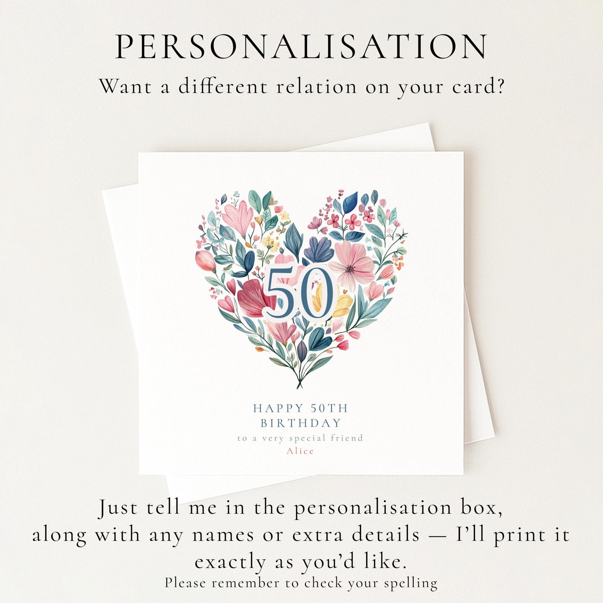 50th Birthday Card - Floral Heart Milestone | Personalised Elegant Premium Card - Whimsi Lilley