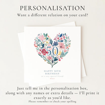 50th Birthday Card - Floral Heart Milestone | Personalised Elegant Premium Card - Whimsi Lilley
