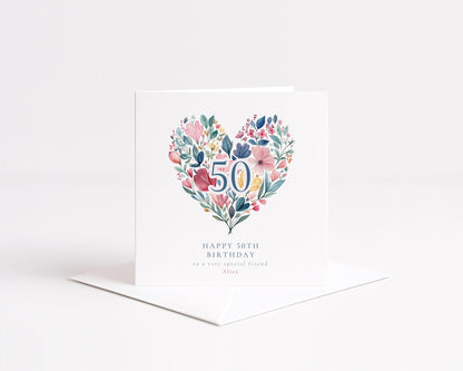 50th Birthday Card - Floral Heart Milestone | Personalised Elegant Premium Card - Whimsi Lilley
