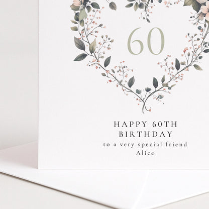 60th Birthday Card - Elegant Floral Heart Design, Personalised Name Option