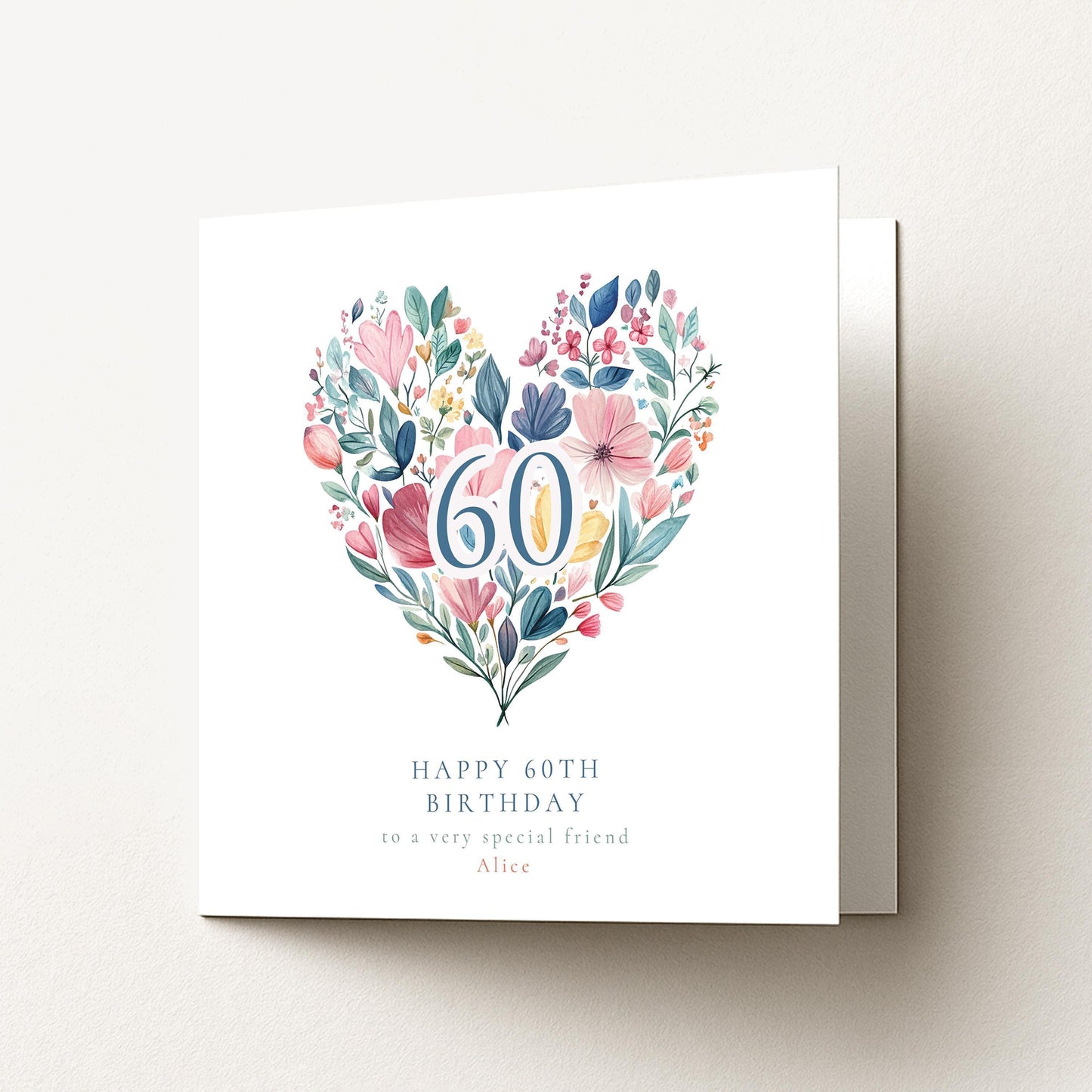 60th Birthday Card – Floral Heart Design | Personalised Elegant Birthday Card