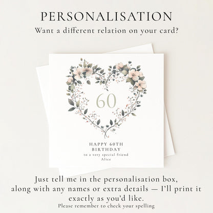 60th Birthday Card - Elegant Floral Heart Design, Personalised Name Option - Whimsi Lilley