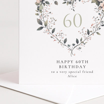 60th Birthday Card - Elegant Floral Heart Design, Personalised Name Option - Whimsi Lilley