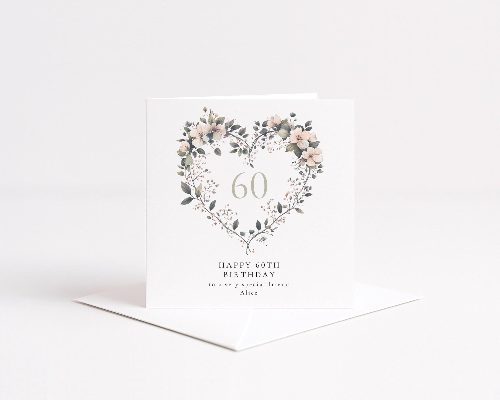 60th Birthday Card - Elegant Floral Heart Design, Personalised Name Option - Whimsi Lilley