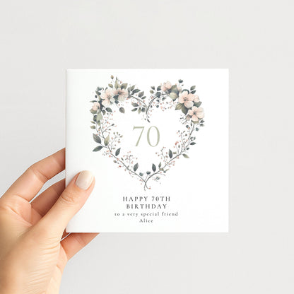 70th Birthday Card - Elegant Floral Heart Design, Personalised Milestone Card