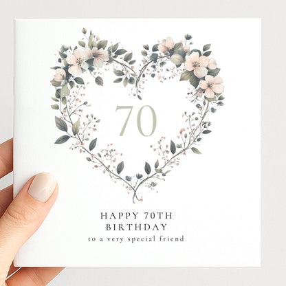 70th Birthday Card - Elegant Floral Heart Design, Personalised Milestone Card