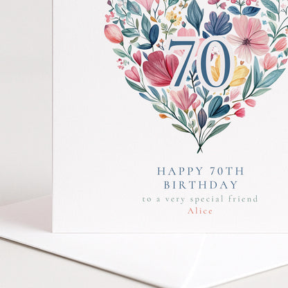 70th Birthday Card - Personalised Floral Heart Milestone Card for Her