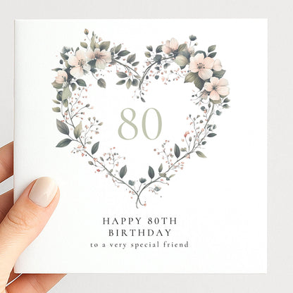 80th Birthday Card | Elegant Floral Heart Design | Personalised Milestone Card