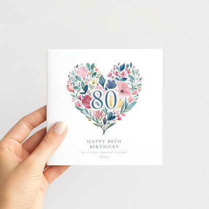 80th Birthday Card - Elegant Floral Heart Design | Personalised Name Option