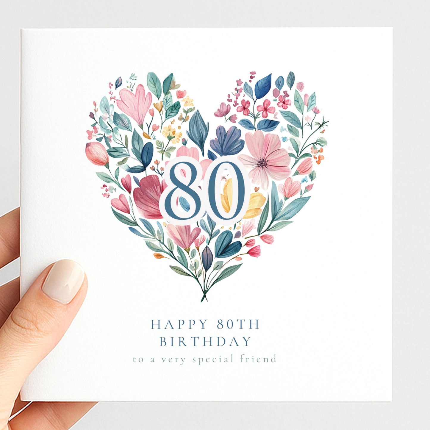 80th Birthday Card - Elegant Floral Heart Design | Personalised Name Option