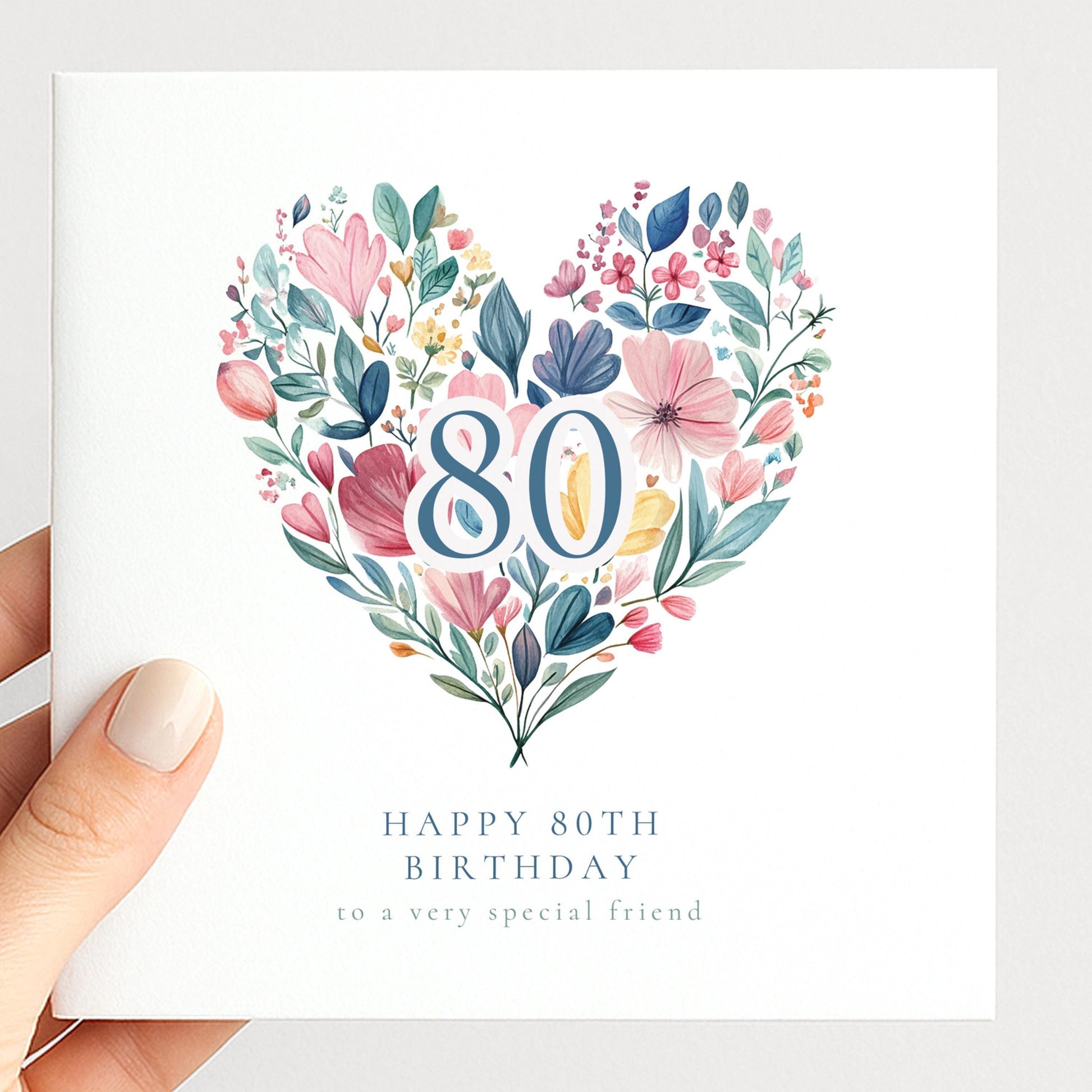 80th Birthday Card - Elegant Floral Heart Design | Personalised Name Option