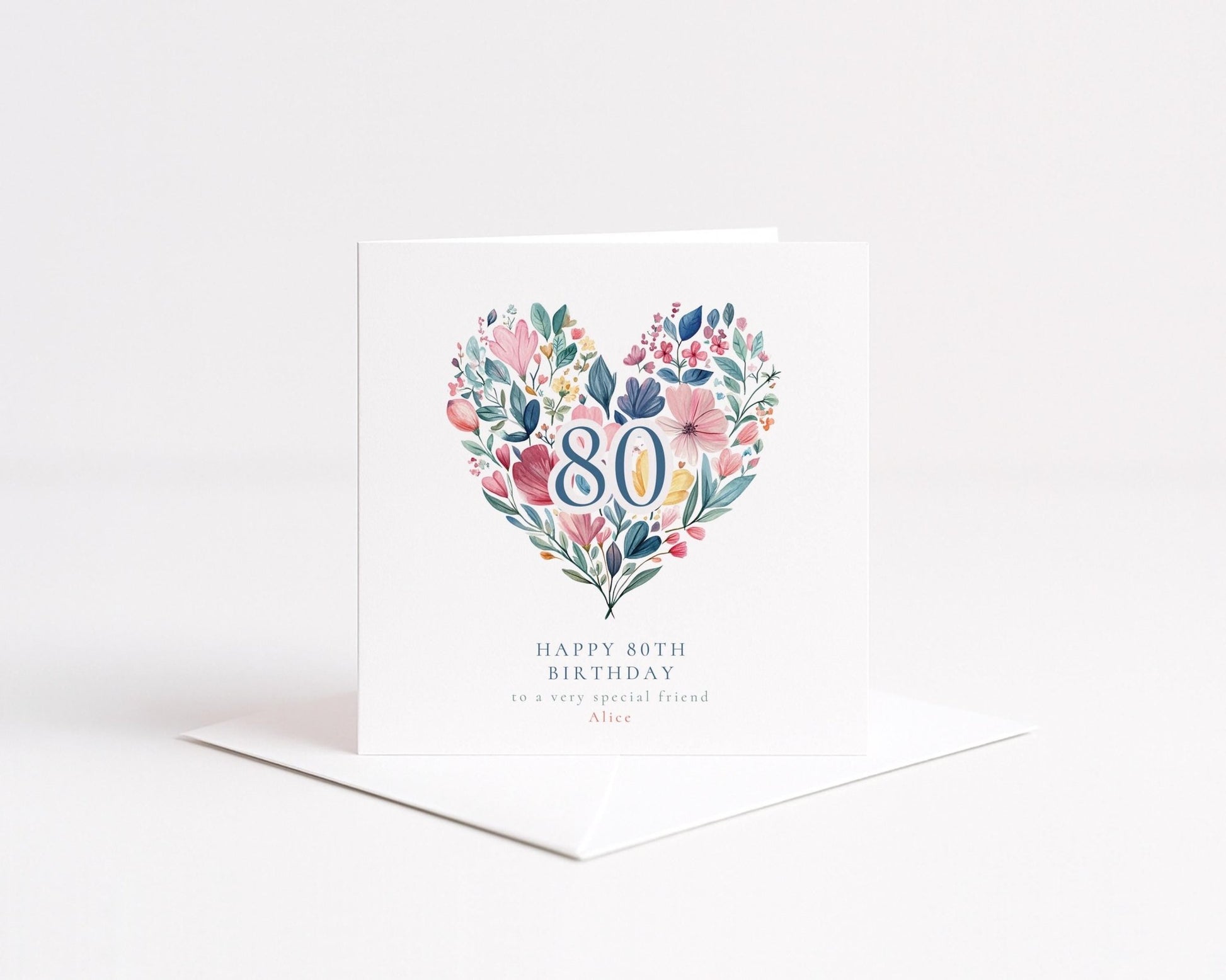 80th Birthday Card - Elegant Floral Heart Design | Personalised Name Option - Whimsi Lilley