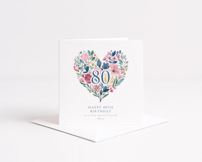 80th Birthday Card - Elegant Floral Heart Design | Personalised Name Option - Whimsi Lilley