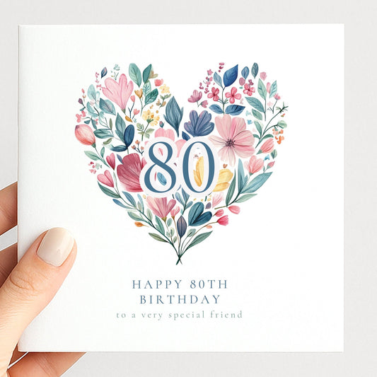 80th Birthday Card - Elegant Floral Heart Design | Personalised Name Option - Whimsi Lilley