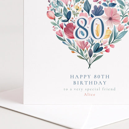 80th Birthday Card - Elegant Floral Heart Design | Personalised Name Option - Whimsi Lilley