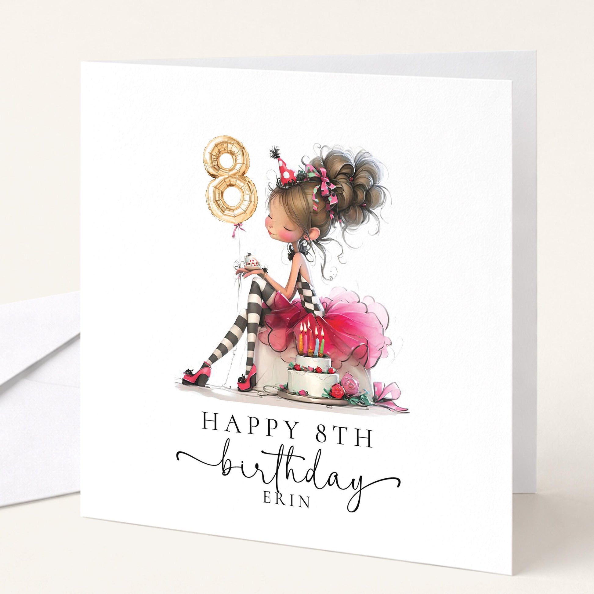 8th Birthday Card - Personalised Cute Birthday Card for Girls with Balloons & Cake