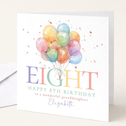 8th Birthday Card - Personalised Granddaughter Keepsake With Balloons & Matte Finish