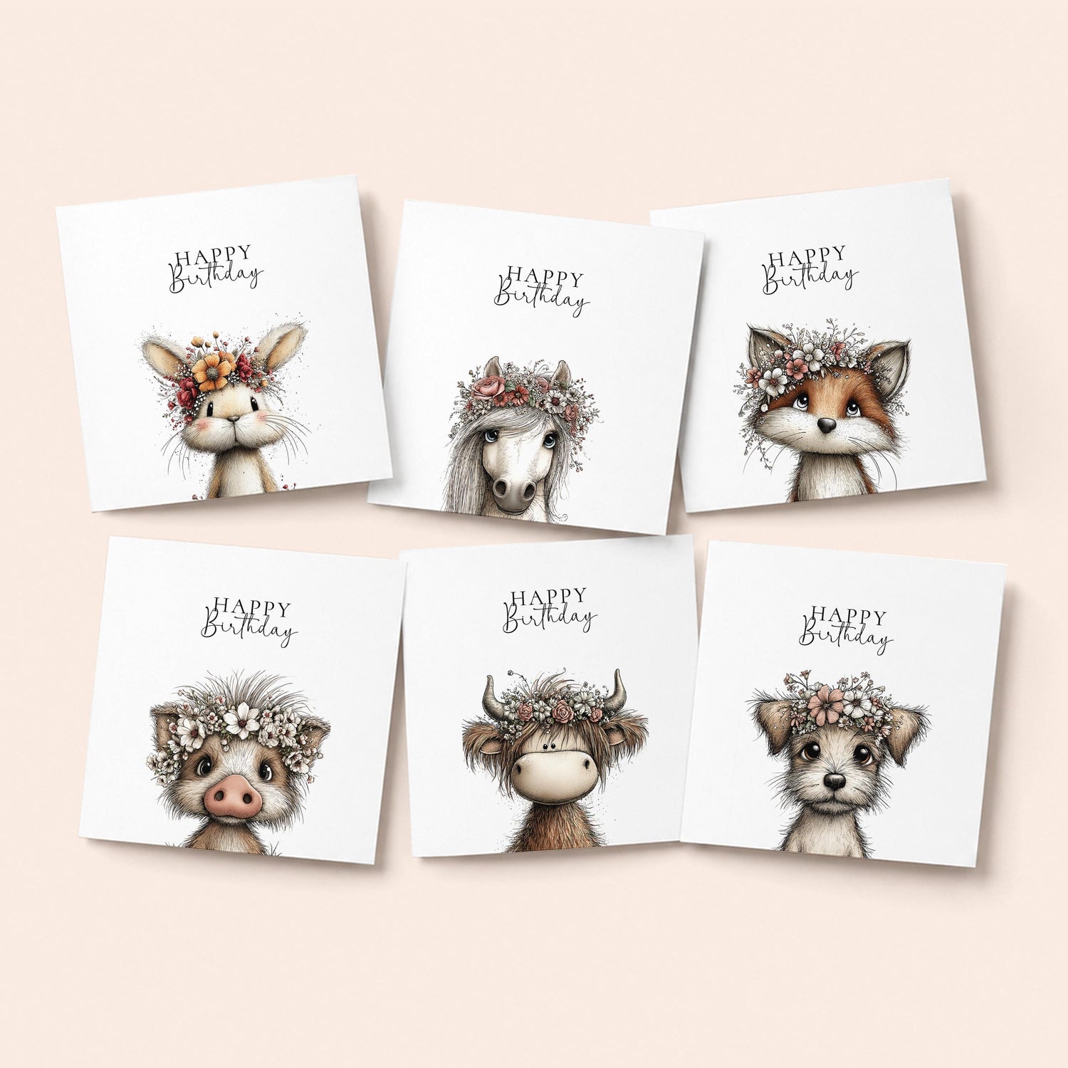Pack of 6 cute animal birthday cards featuring flower crown illustrations including highland cow and fox, printed on 300gsm card