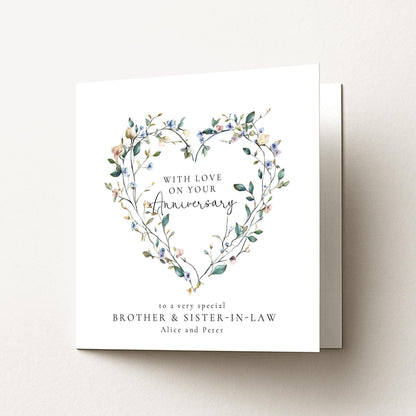 Anniversary Card Brother Sister In Law – Personalised Floral Heart Design Card