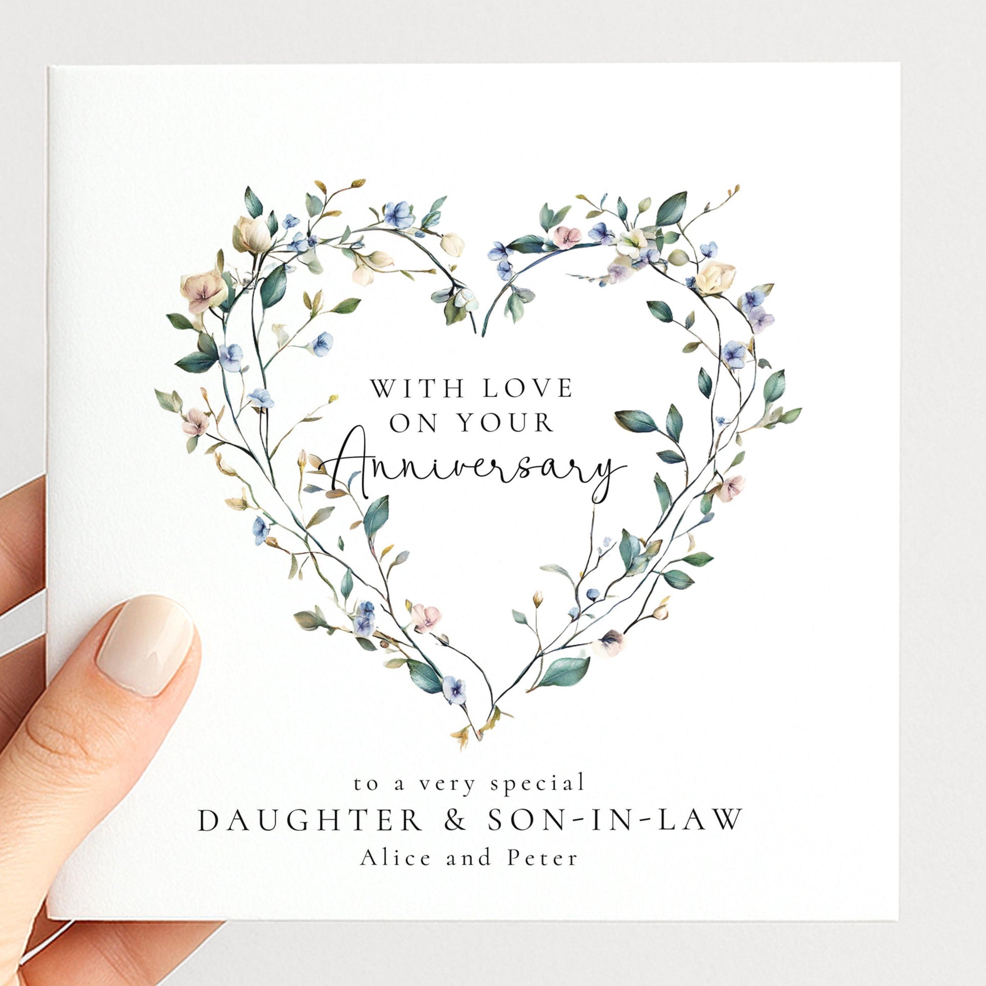 Anniversary Card Daughter Son-In-Law – Personalised Floral Heart Keepsake Design