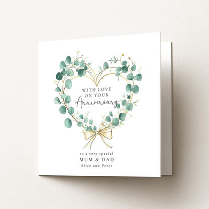 Anniversary Card Mum Dad – Personalised Eucalyptus Heart Botanical Design