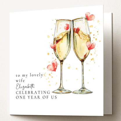 Anniversary Card - Personalised Couple Celebration With Champagne Glasses Design