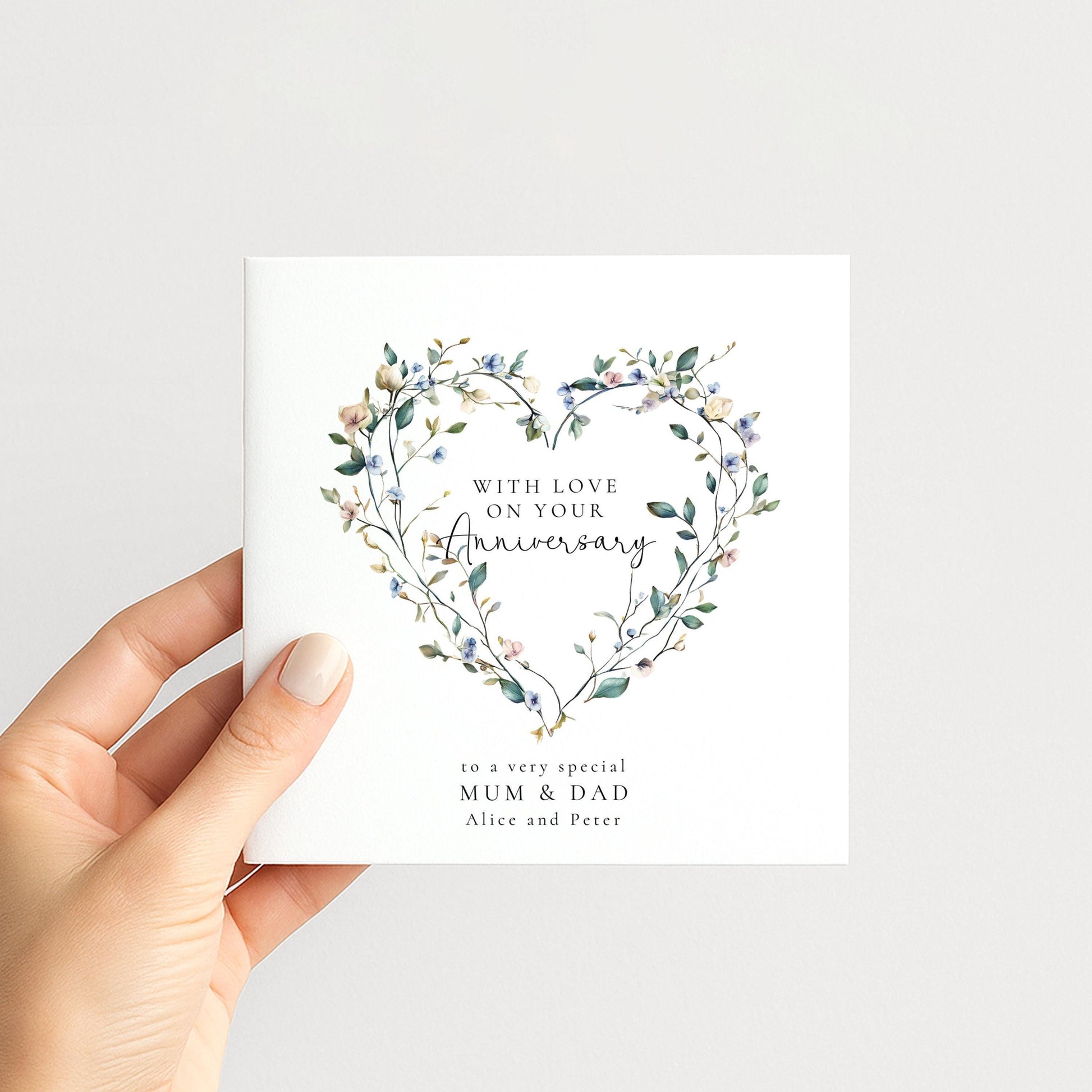 Anniversary Card - Personalised Floral Heart Design For Mum And Dad