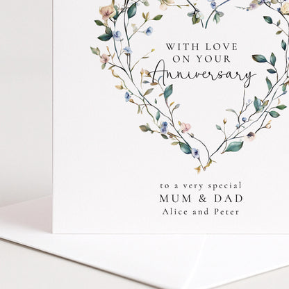 Anniversary Card - Personalised Floral Heart Design For Mum And Dad