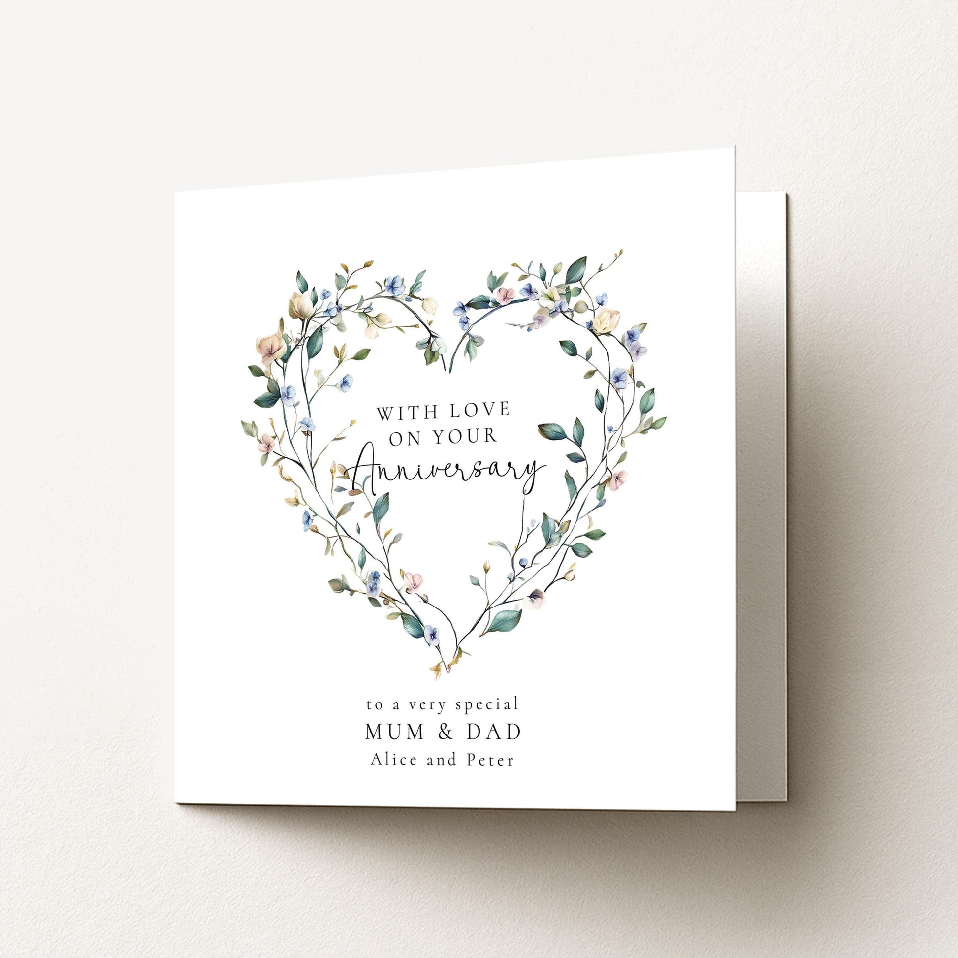 Anniversary Card - Personalised Floral Heart Design For Mum And Dad