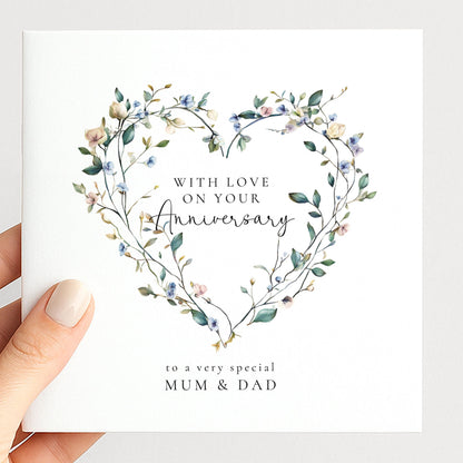 Anniversary Card - Personalised Floral Heart Design For Mum And Dad